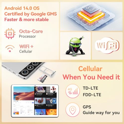 Android 14 Tablet, Octa-Core 5G WiFi, 128GB ROM 14GB RAM, 1TB Expand, 13MP+8MP Dual Camera I5965