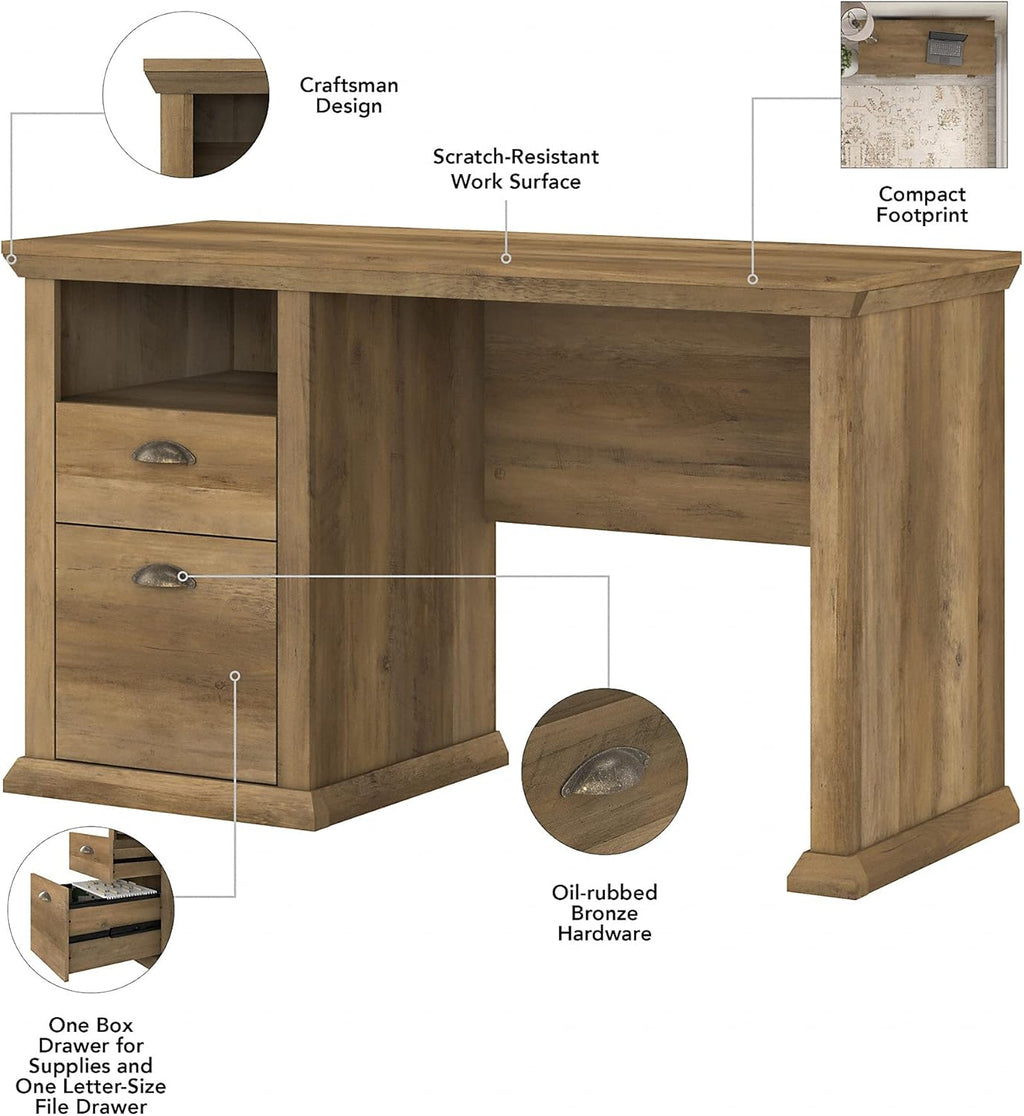 50W Reclaimed Pine Home Office Desk with 5 Shelf Bookcase C393926