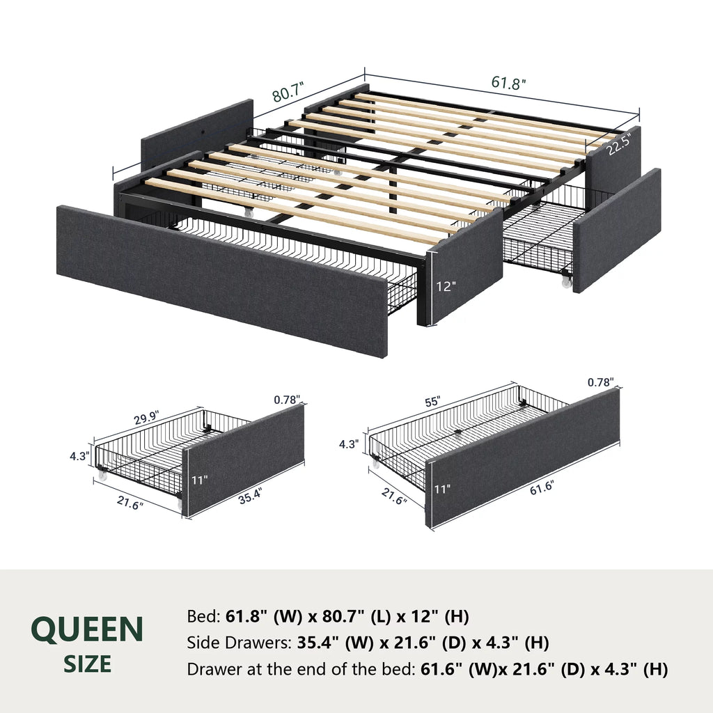 Queen Size Upholstered Platform Bed Frame with 3 Storage Drawers C9176