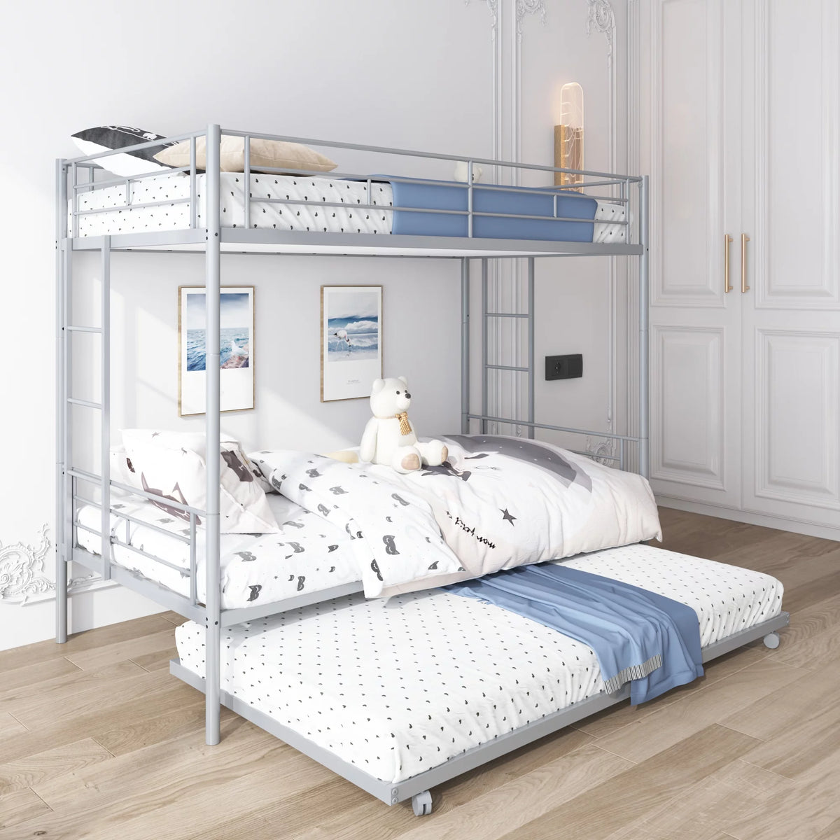 Silver Twin Over Twin Bunk Bed with Trundle E594