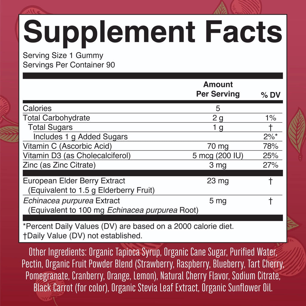 Organic Elderberry Gummies with Echinacea, Vitamin C and D, 90 Gummies Q91805