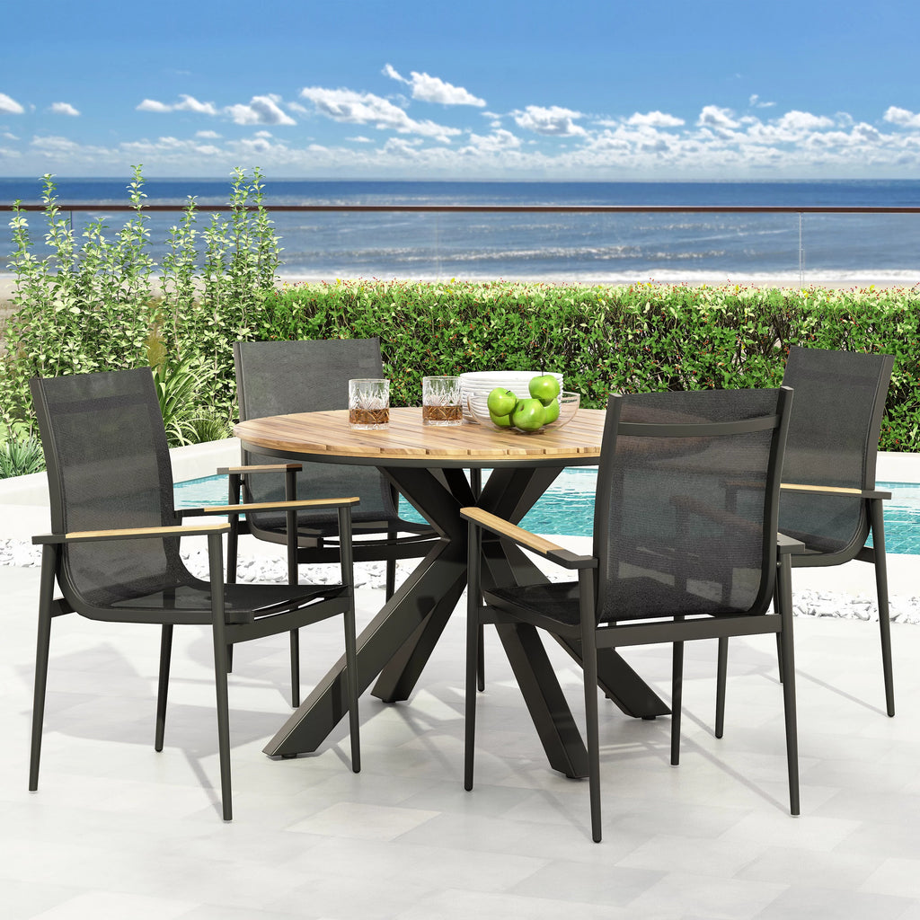 Black and Teak 5 Piece Mesh and Acacia Wood Dining Set N35733