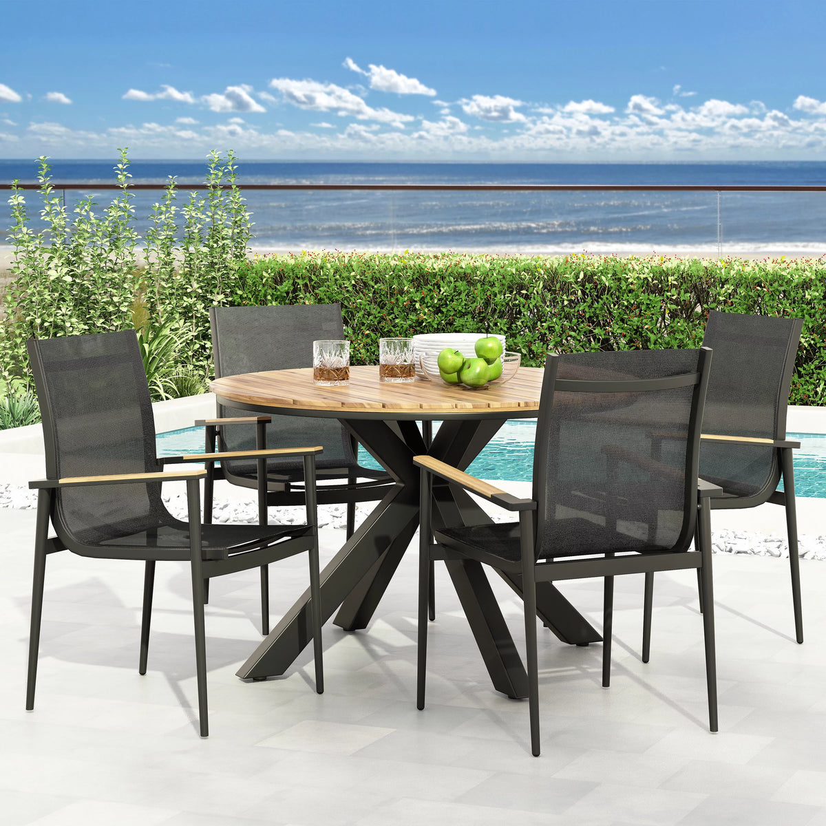 Black and Teak 5 Piece Mesh and Acacia Wood Dining Set N35733