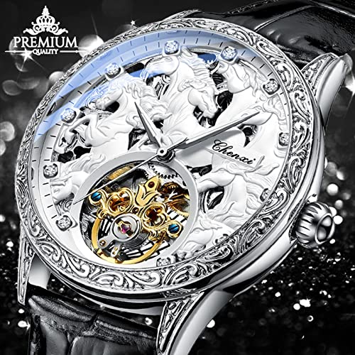 Gold Luxury Tourbillon Watch Tiger Carved Moon Phase Self-Winding Mechanical Automatic Retro Tattoo Skeleton Large Dial Leather Belt Wristwatch I260
