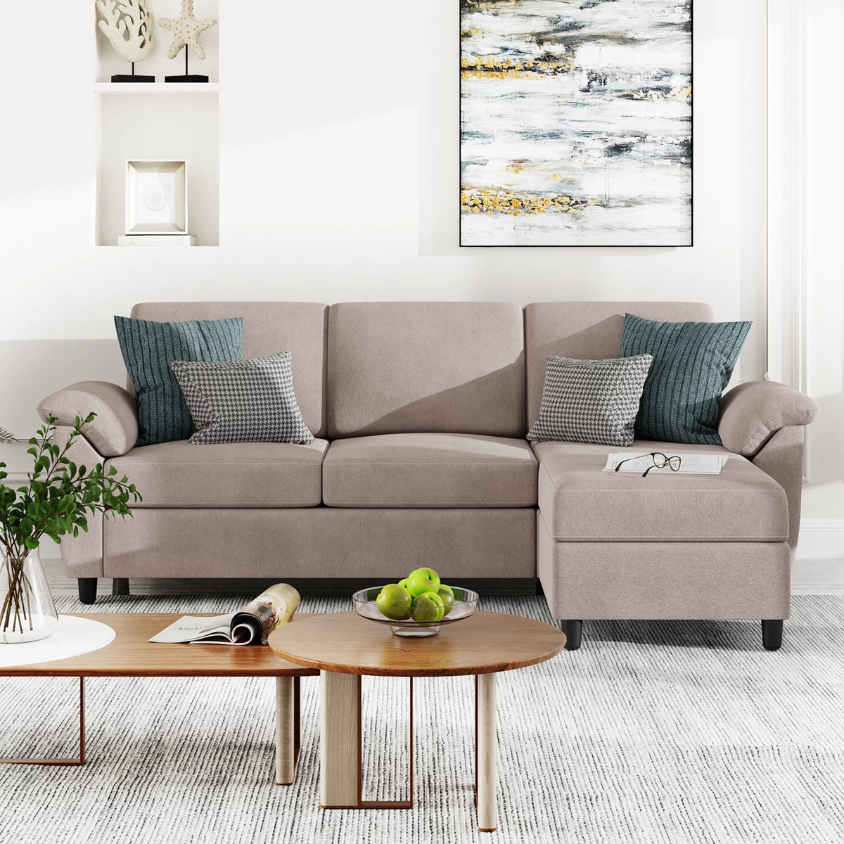 79 Convertible Sectional Sofa Linen Fabric L Shaped Sofa with Removable Pillows Dark Gray R5216