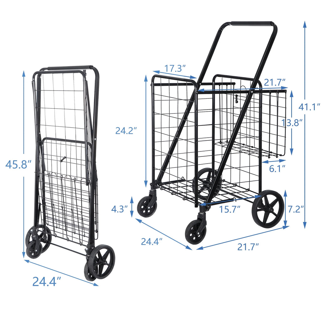 Black Folding Utility Shopping Cart with Double Basket and Wheels W35771