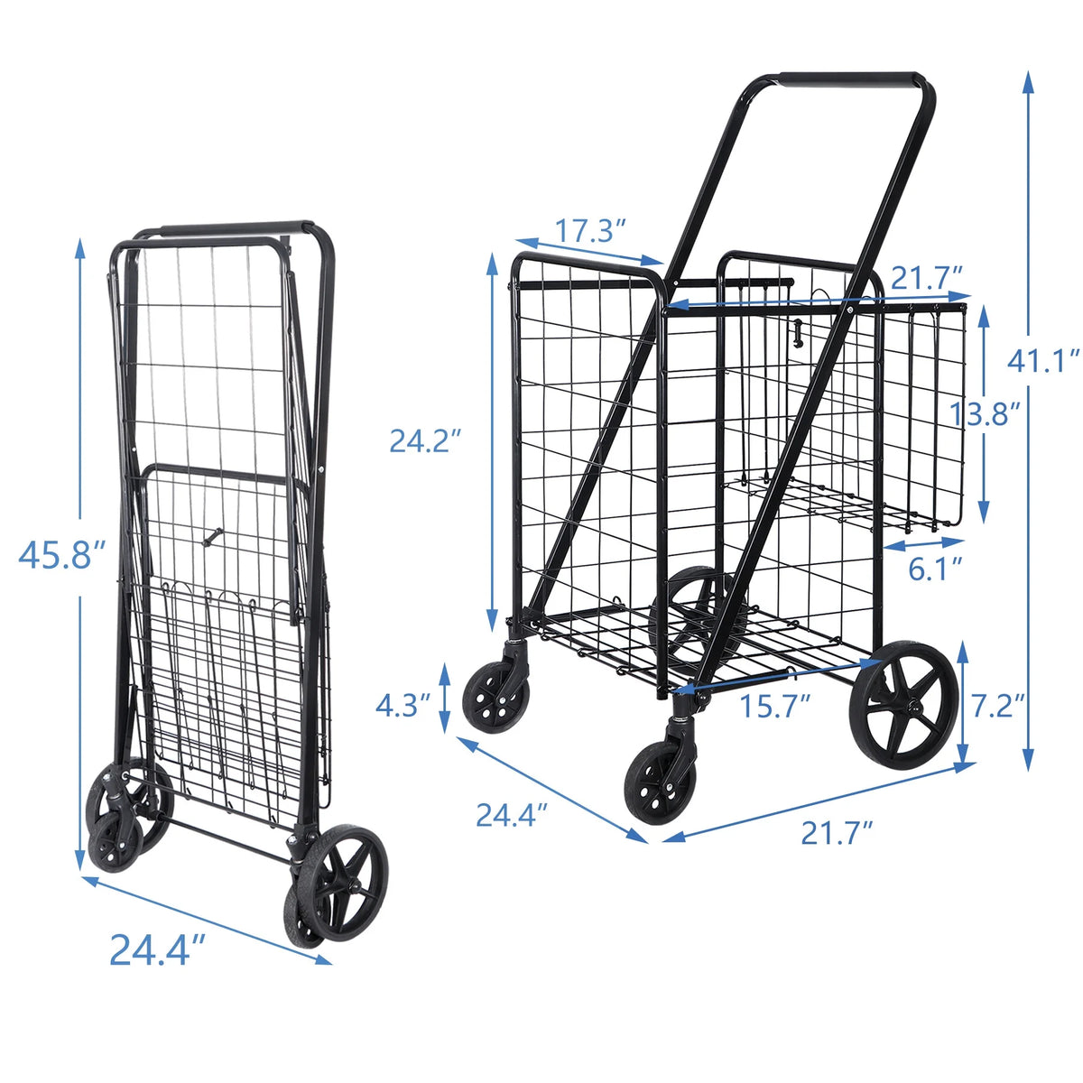 Black Folding Utility Shopping Cart with Double Basket and Wheels W35771