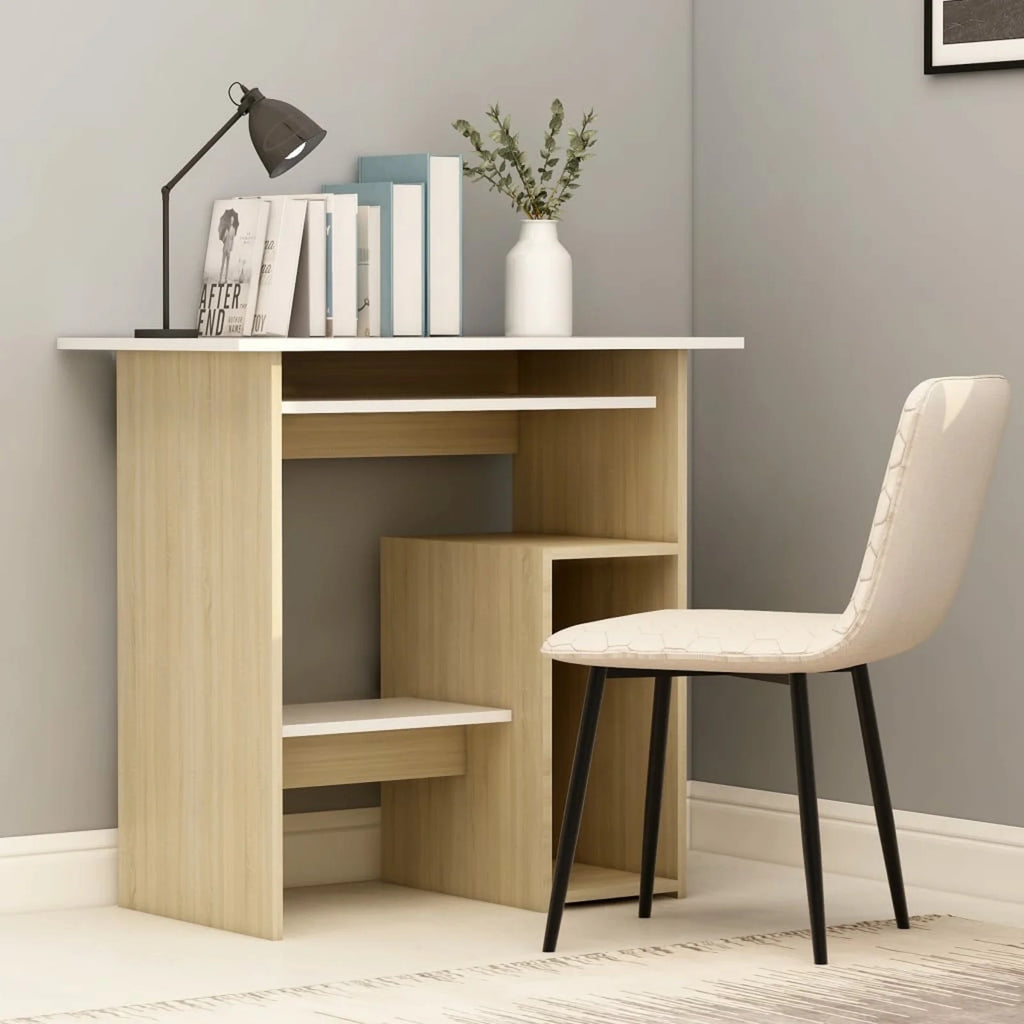 White Computer Desk with Keyboard Tray and Storage Shelves G735