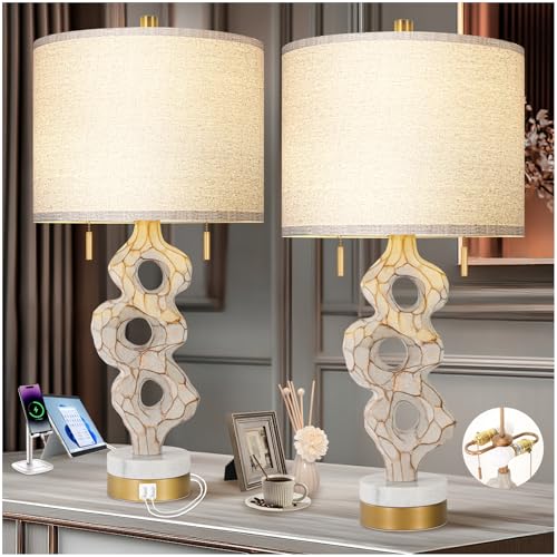 Set of 2 Table Lamp with Marble Base & USB Ports O451090