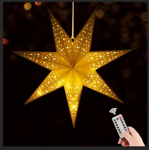 24 Inch Paper Star Lantern with 60 LEDs Firework Fairy Lights, 7 Point Foldable, Hollow Out Star Hanging Decoration - 1 Pack T79794