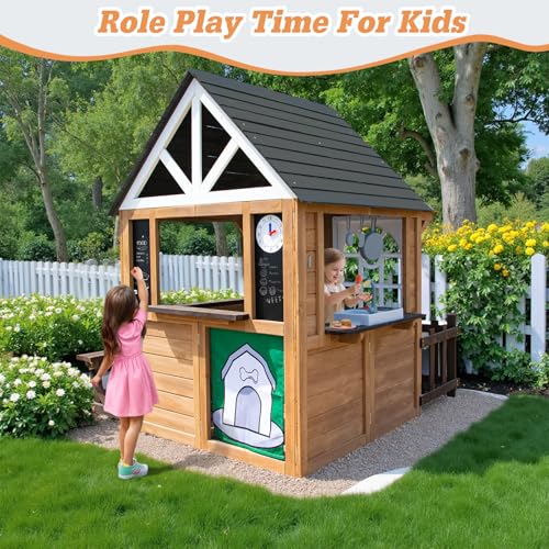 Cedar Gray Wooden Kids Playhouse with Play Kitchen B35598