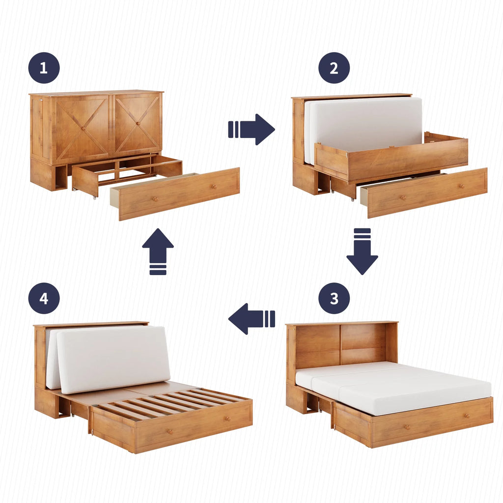 Queen Size Murphy Bed Cabinet with USB Charging Station, Drawer & Folding Mattress S156