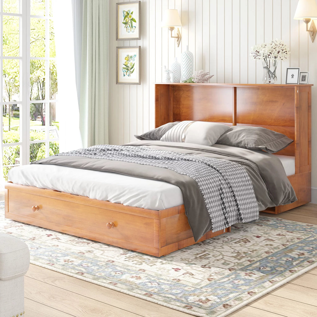 Queen Size Murphy Bed Cabinet with USB Charging Station, Drawer & Folding Mattress S156