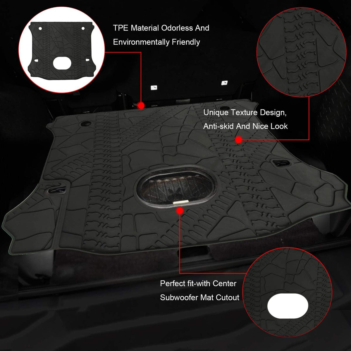 Black Rear Trunk Cargo Floor Mat for 4 Door Wrangler with Subwoofer Mat Cutout D740585