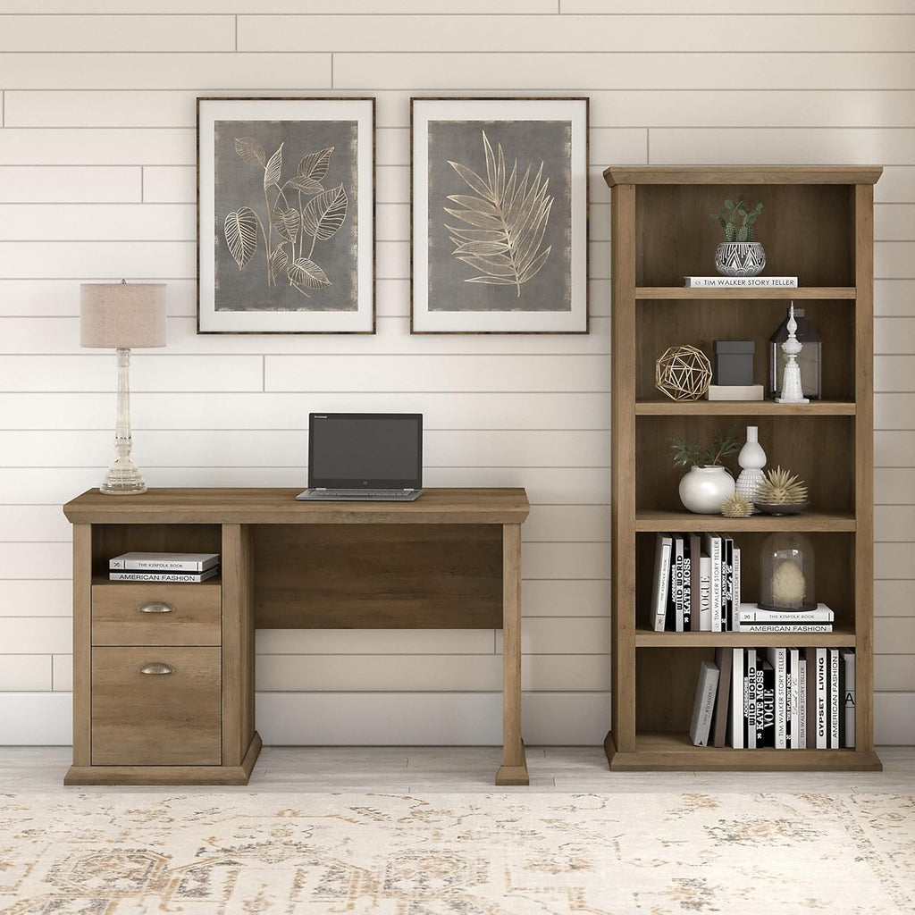 50W Reclaimed Pine Home Office Desk with 5 Shelf Bookcase C393926