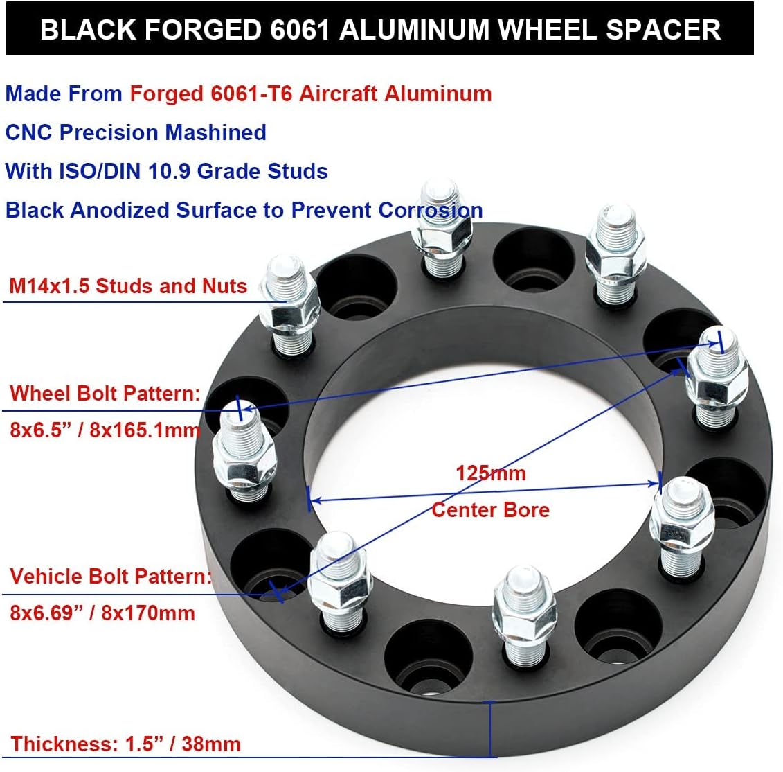 Black Forged 8x170 to 8x6.5 Wheel Adapters 1.5 Inch with 14x1.5 Studs Pack of 4 L65859