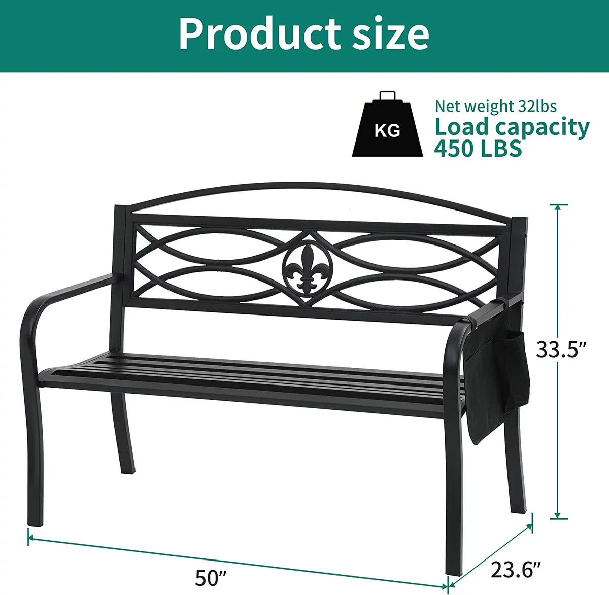 50" Black Metal Patio Bench with Backrest and Armrest S51658
