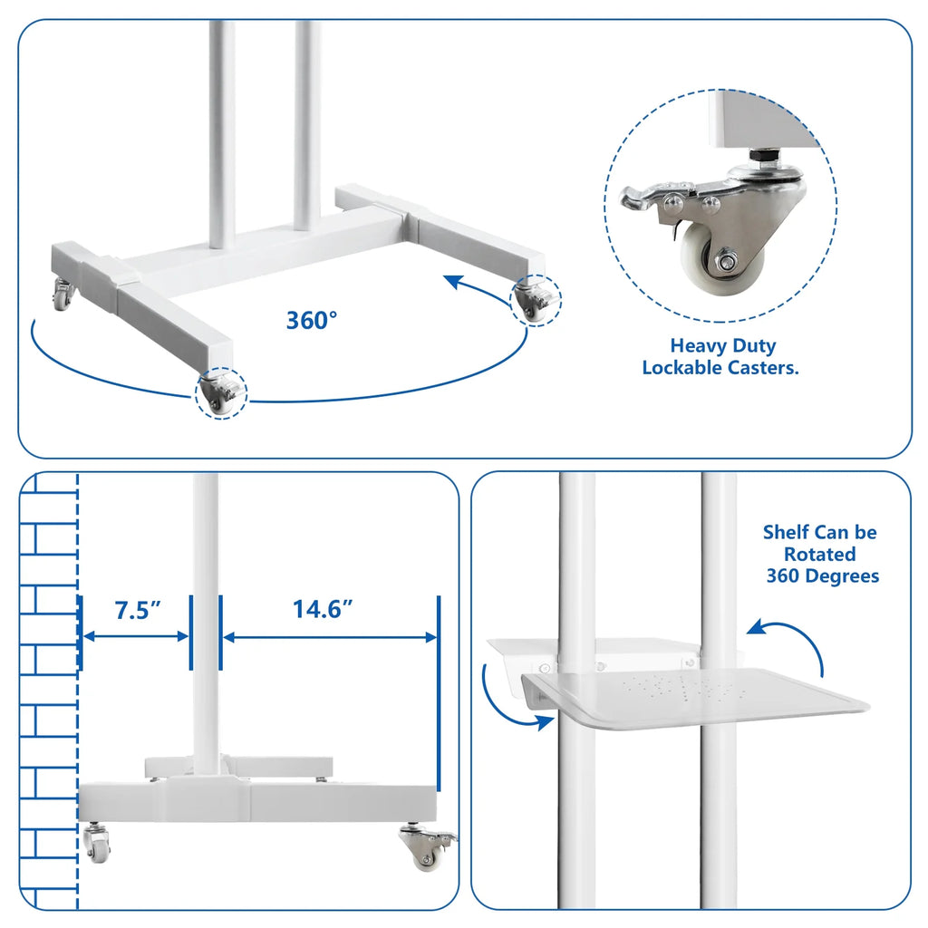 Tall TV Stand with Wheels for 32 to 85 Inch Flat Panel TVs, White Shelf E3305