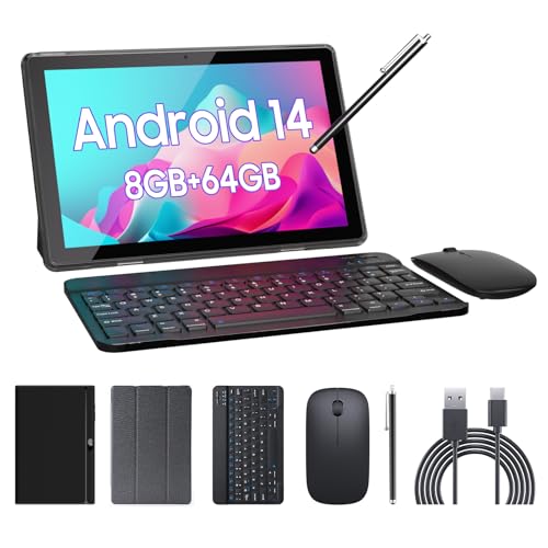 Blue 10.1 inch Android 14 Tablet with Keyboard Case Mouse Stylus Film, 8GB+64GB, 1280*800 HD Touch Screen, 8MP Dual Camera, Wi-Fi Bluetooth S968