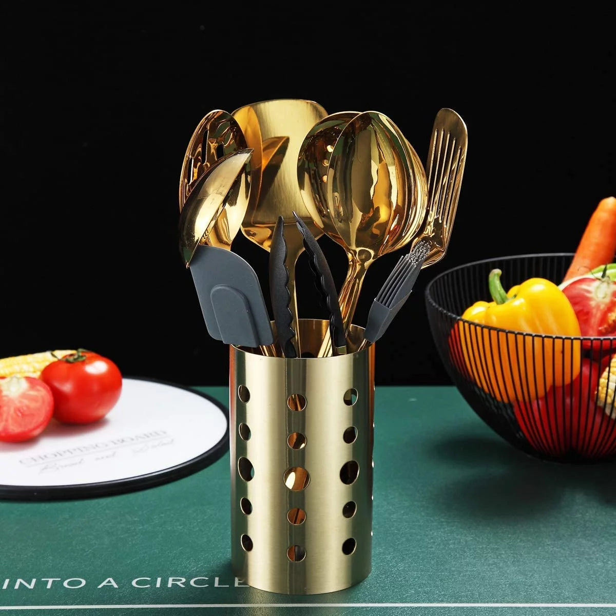 13 Pieces Gold Stainless Steel Cooking Utensils Set with Utensil Holder F500107