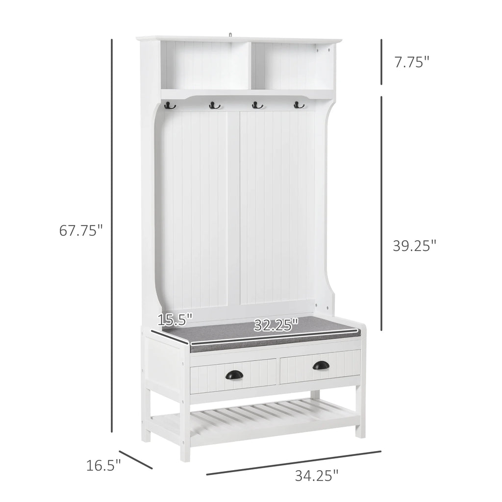 White Coat Rack and Bench with 4 Hooks, 2 Drawers H741