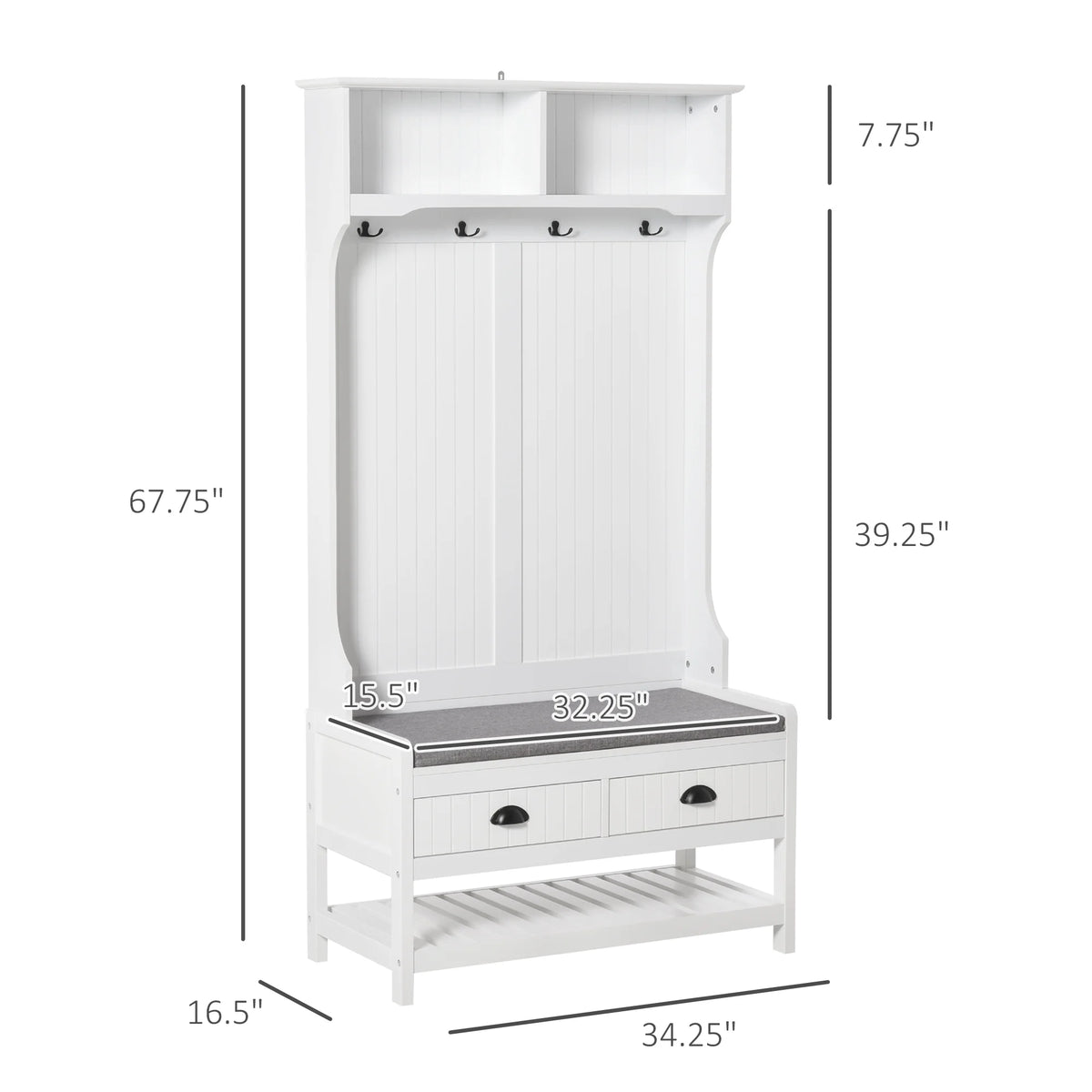 White Coat Rack and Bench with 4 Hooks, 2 Drawers H741