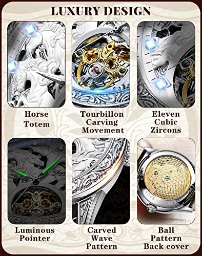 Gold Luxury Tourbillon Watch Tiger Carved Moon Phase Self-Winding Mechanical Automatic Retro Tattoo Skeleton Large Dial Leather Belt Wristwatch I260