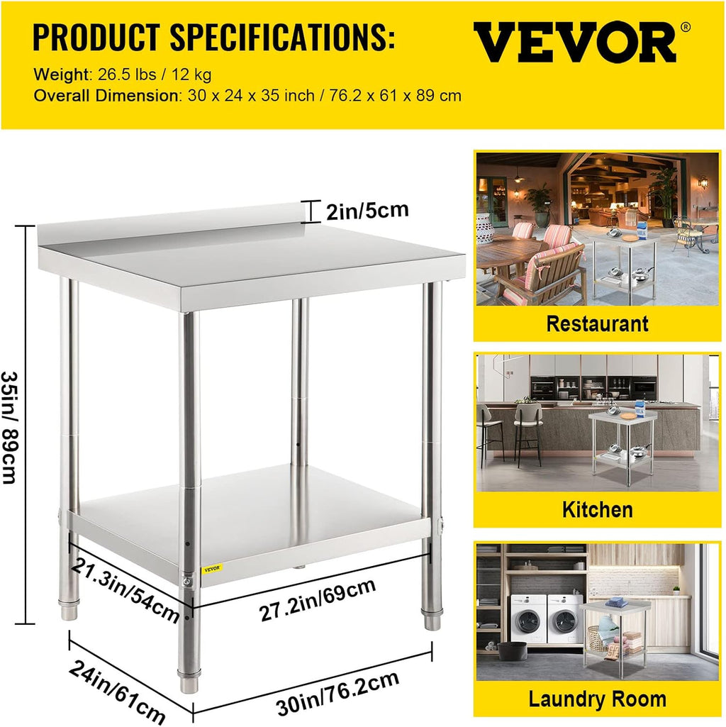 Stainless Steel Prep Table with Backsplash and Adjustable Undershelf C856