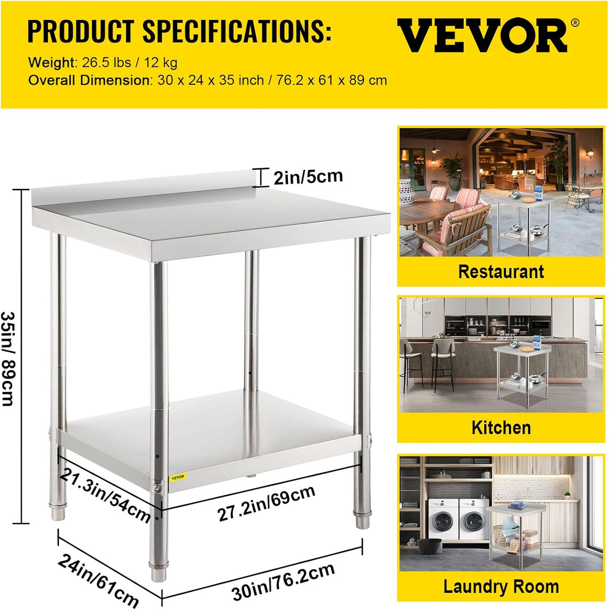 Stainless Steel Prep Table with Backsplash and Adjustable Undershelf C856