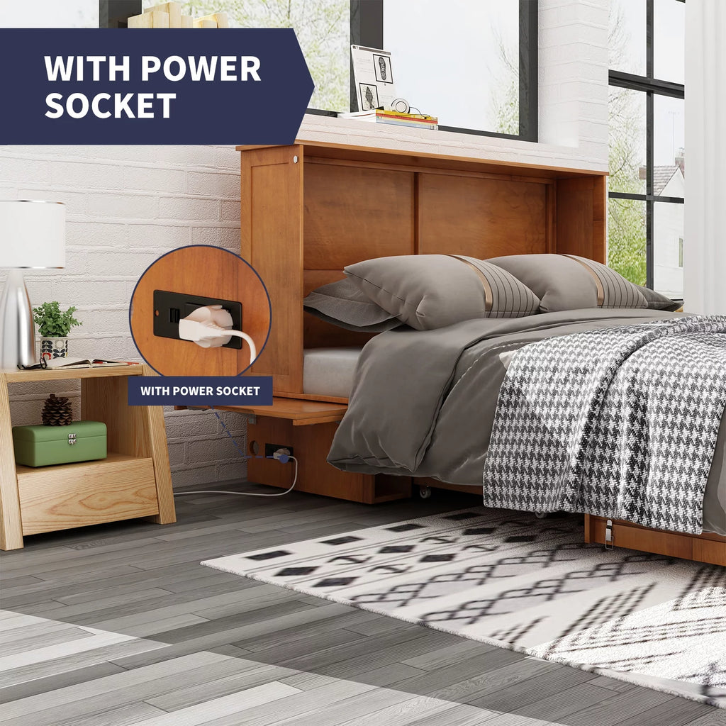 Queen Size Murphy Bed Cabinet with USB Charging Station, Drawer & Folding Mattress S156