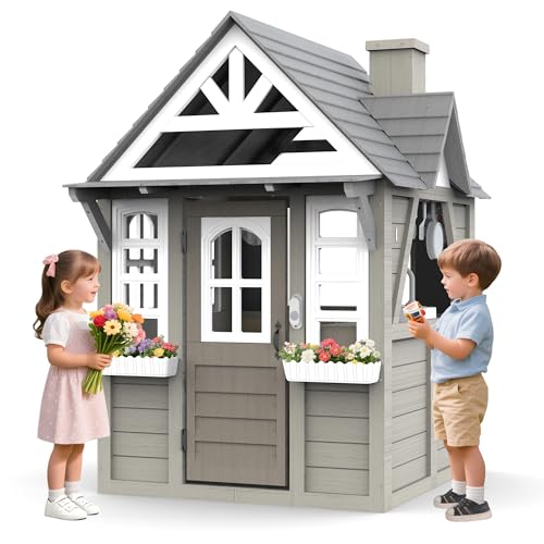 Cedar Gray Wooden Kids Playhouse with Play Kitchen B35598