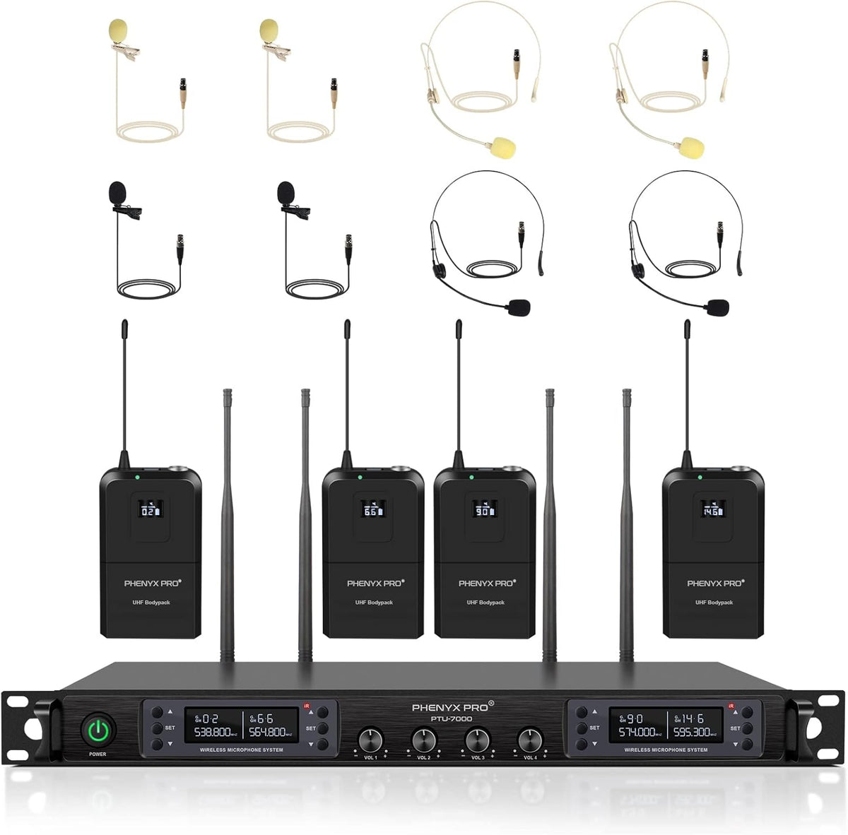 Quad Channel Wireless Microphone System with Four Bodypacks and Headsets/Lapels V362255
