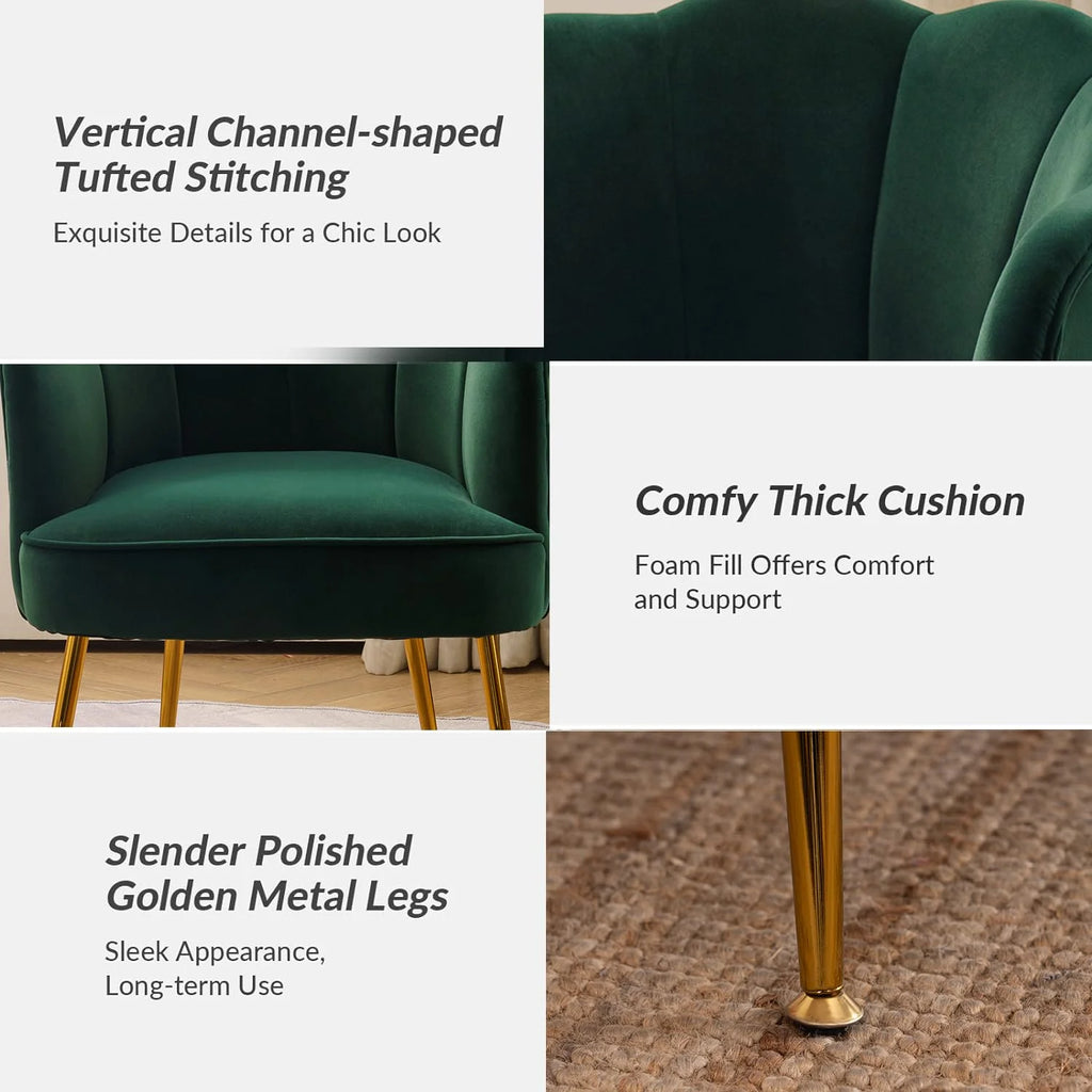 Shell Shaped Velvet Upholstered Accent Chair with Metal Legs D3527