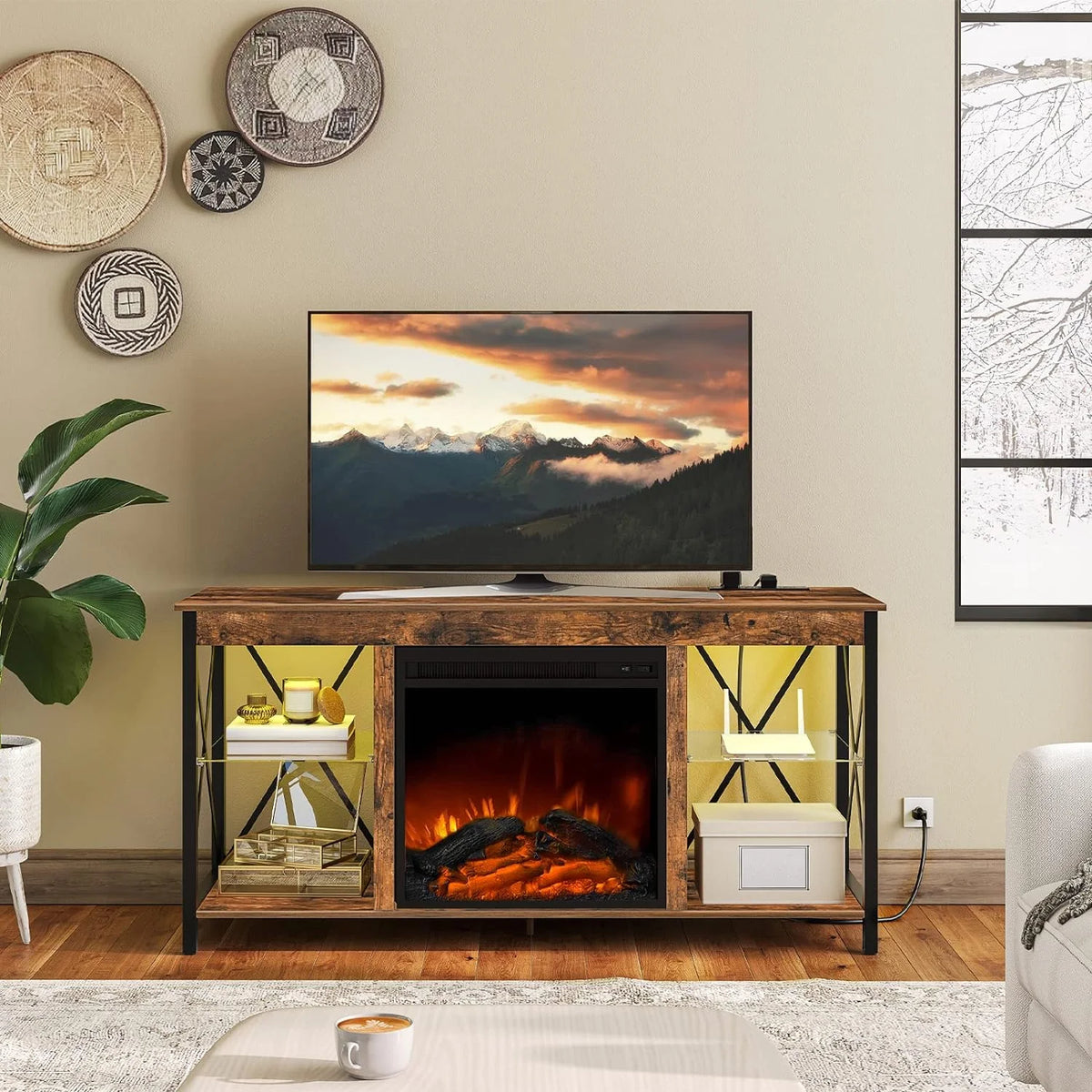 Rustic Brown Fireplace TV Stand with Led Lights and Power Outlets I13978