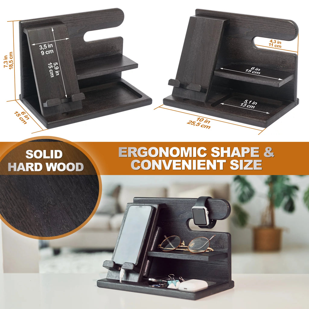 Wood Phone Docking Station Ash Key Holder Wallet Stand Watch Organizer (Black) E13915