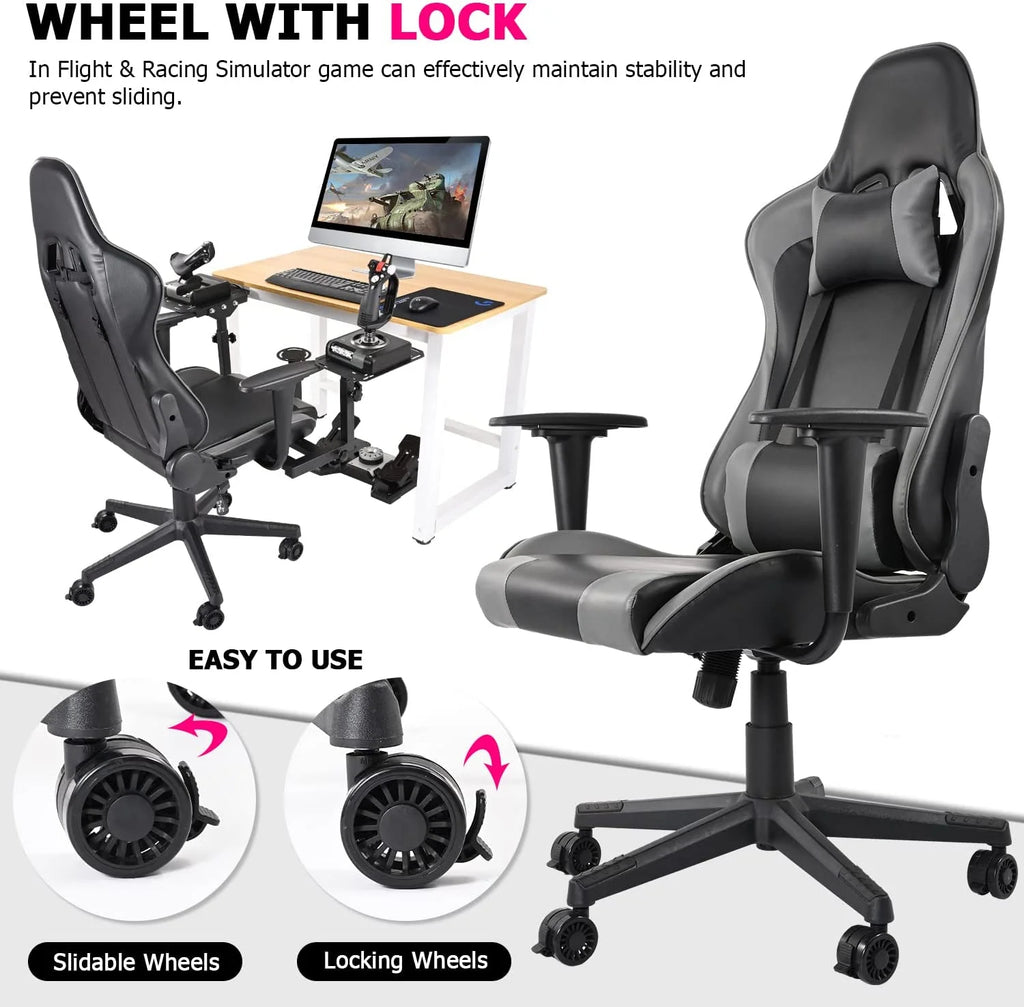 Gray Gaming Chair with Adjustable Headrest and Lumbar Pillow U6297