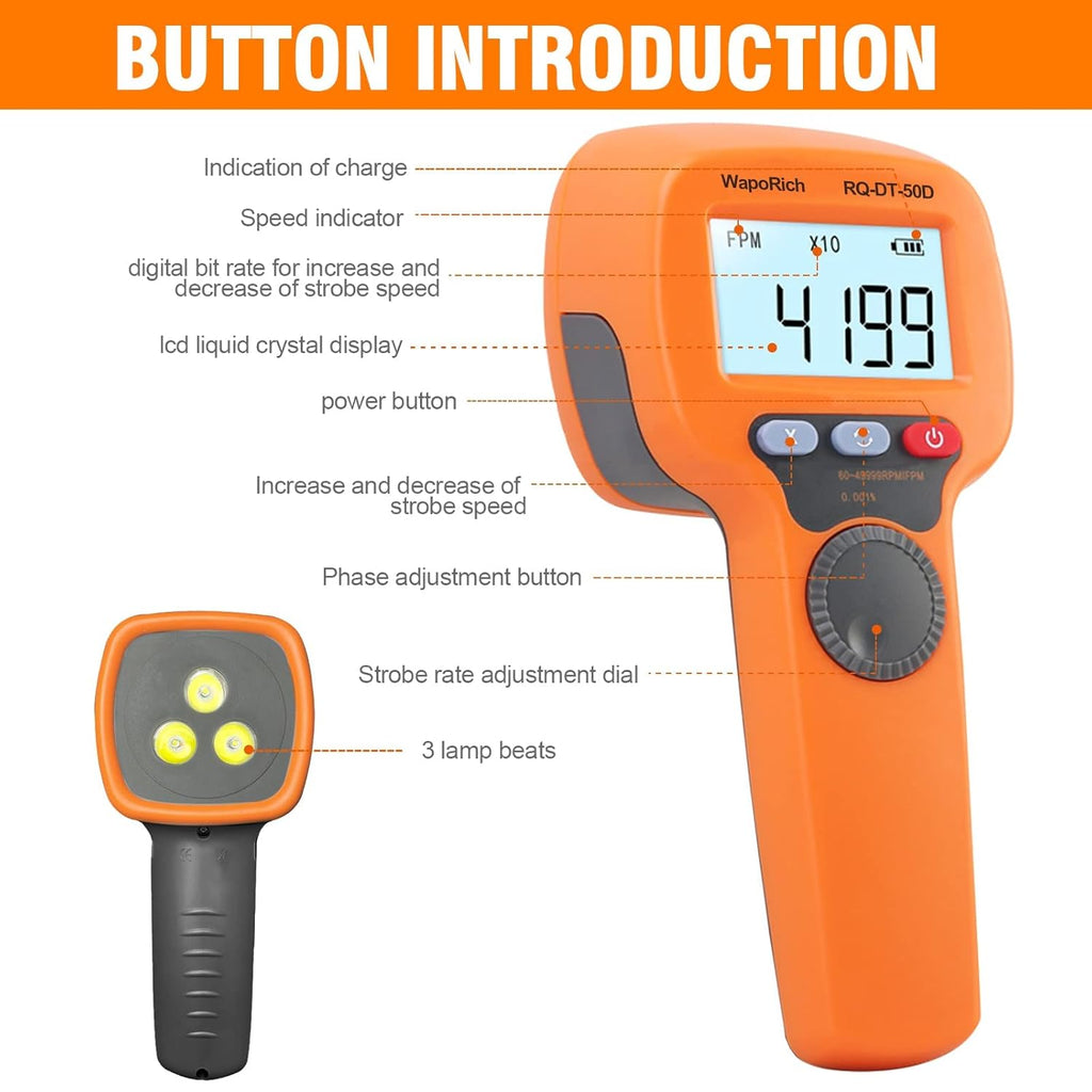 Rechargeable LED Flash Strobe Tachometer 60-49999 FPM V7702