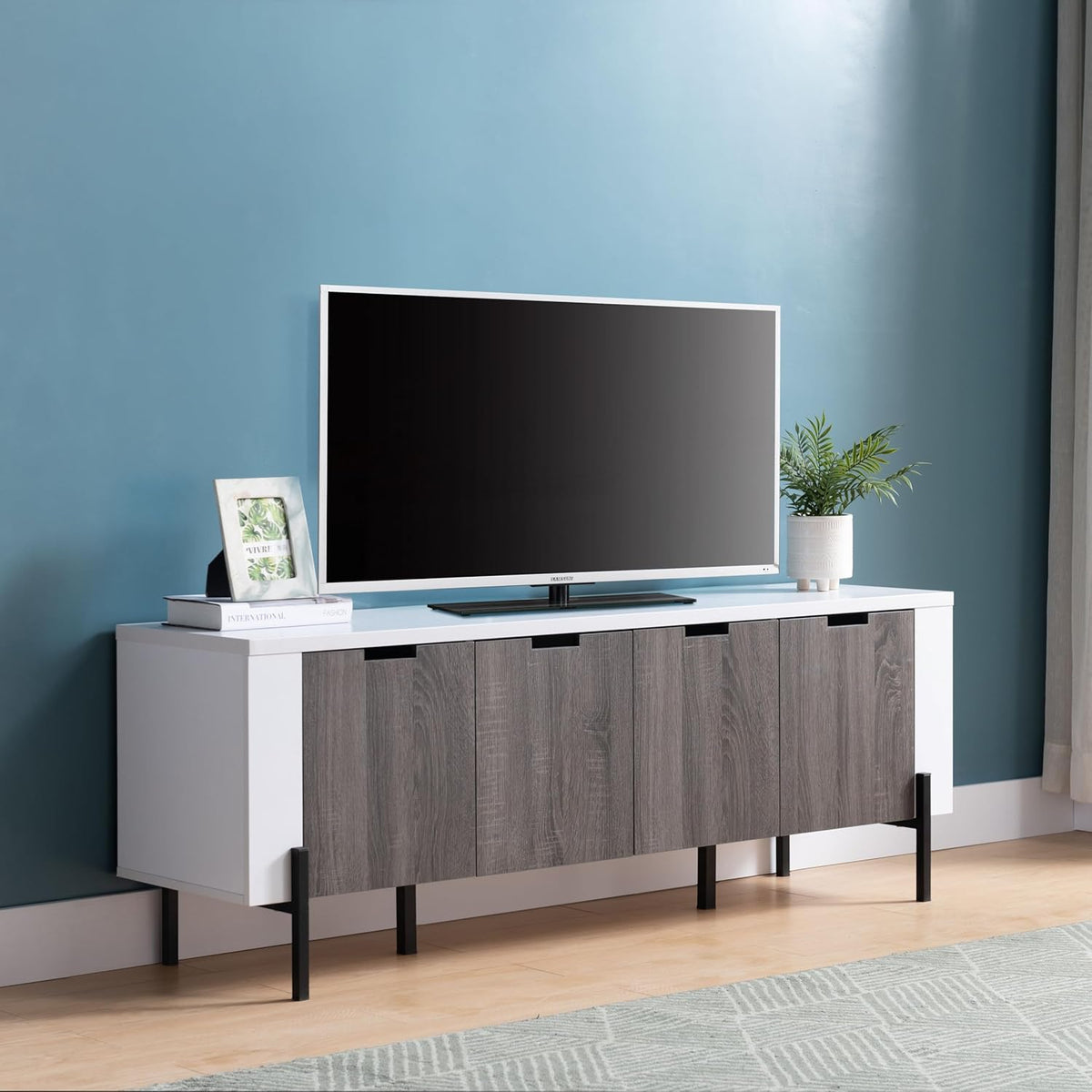White & Distressed Grey TV Stand with Four Cabinet Doors X47883