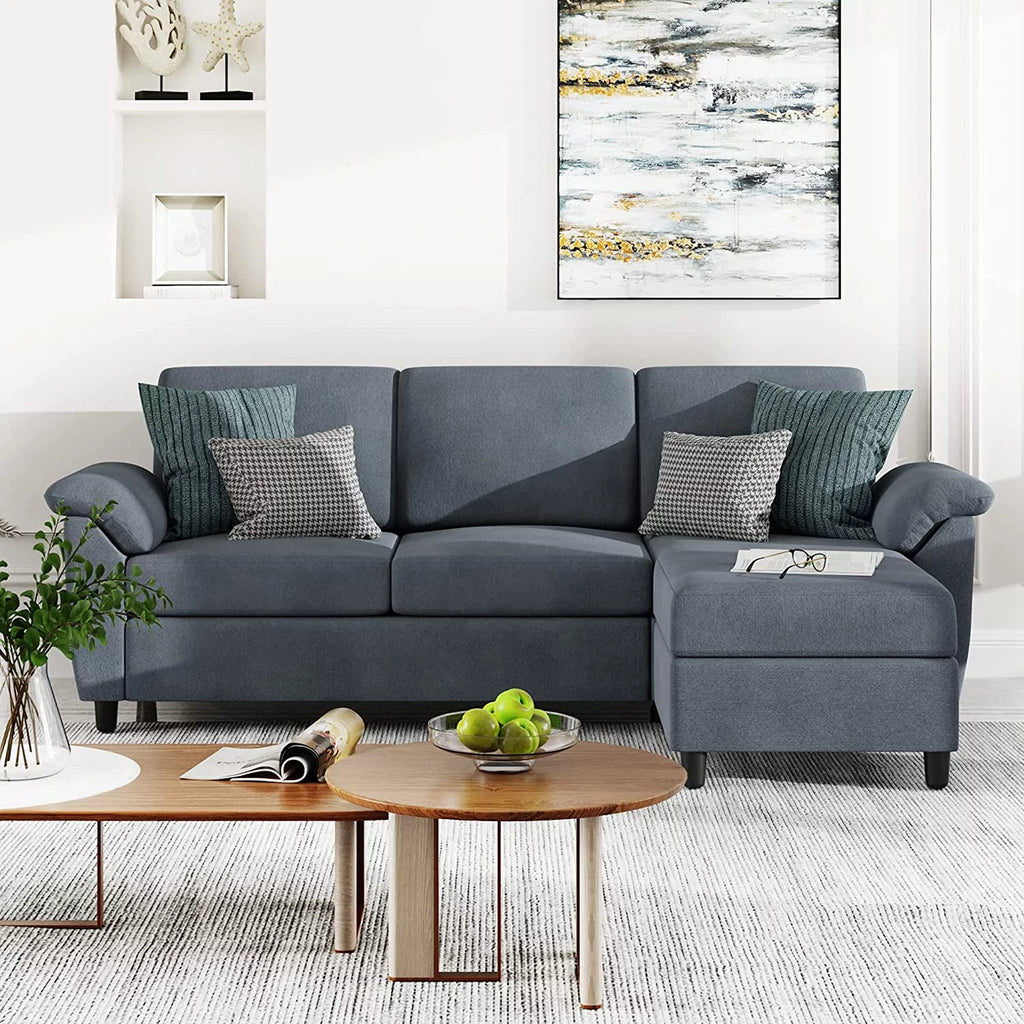 79 Convertible Sectional Sofa Linen Fabric L Shaped Sofa with Removable Pillows Dark Gray R5216