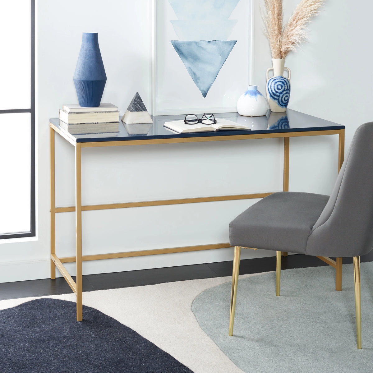 Navy Gold Wood Writing Desk O449