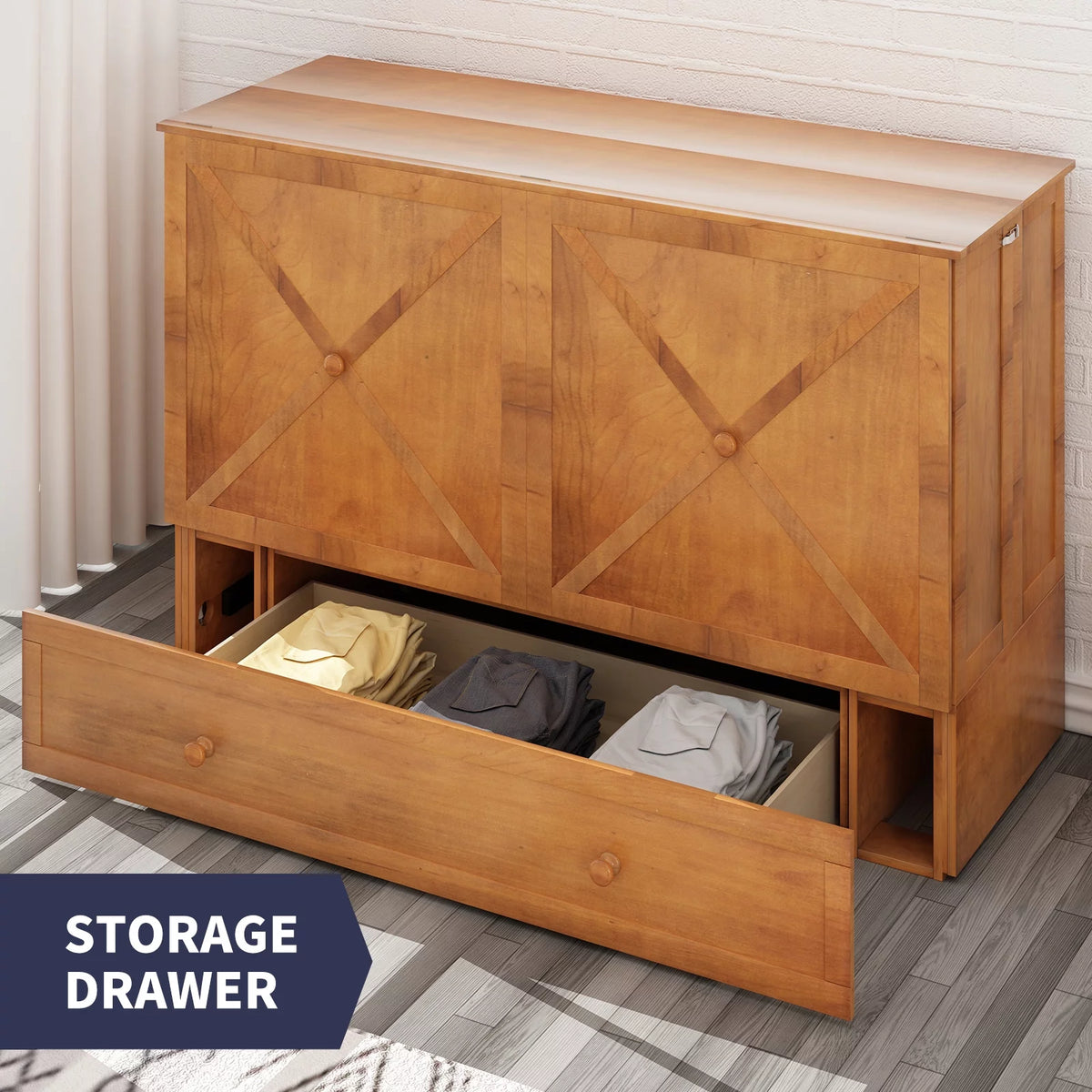 Queen Size Murphy Bed Cabinet with USB Charging Station, Drawer & Folding Mattress S156