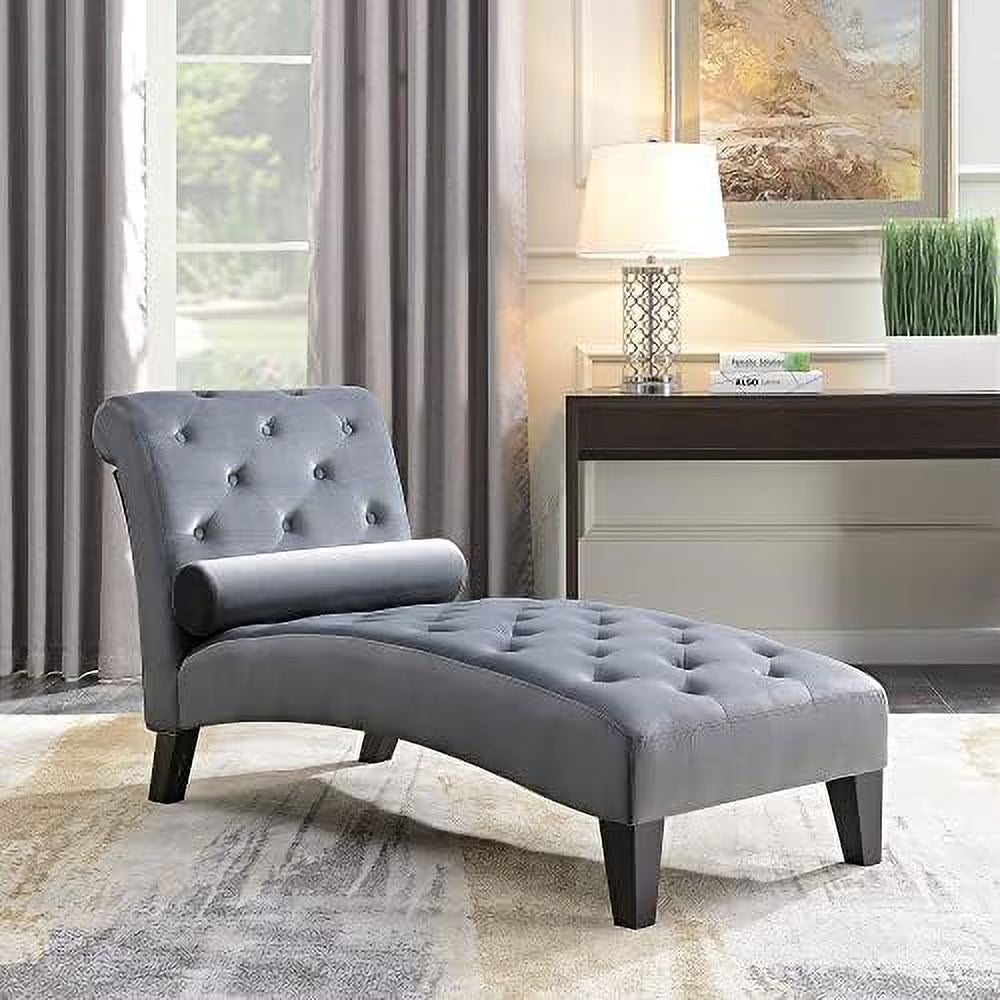 Beige Upholstered Chaise Lounge Sofa with Button Tufted Back and Hardwood Legs A841173