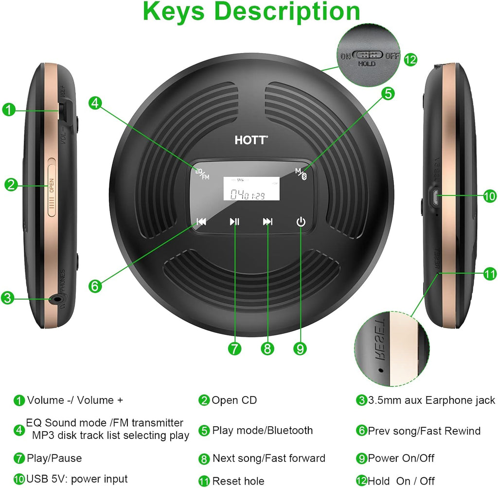 Portable CD Player with Bluetooth FM Transmitter AUX Output Rechargeable 1800mah Touch Button Anti-Skip Shockproof Protection V8889
