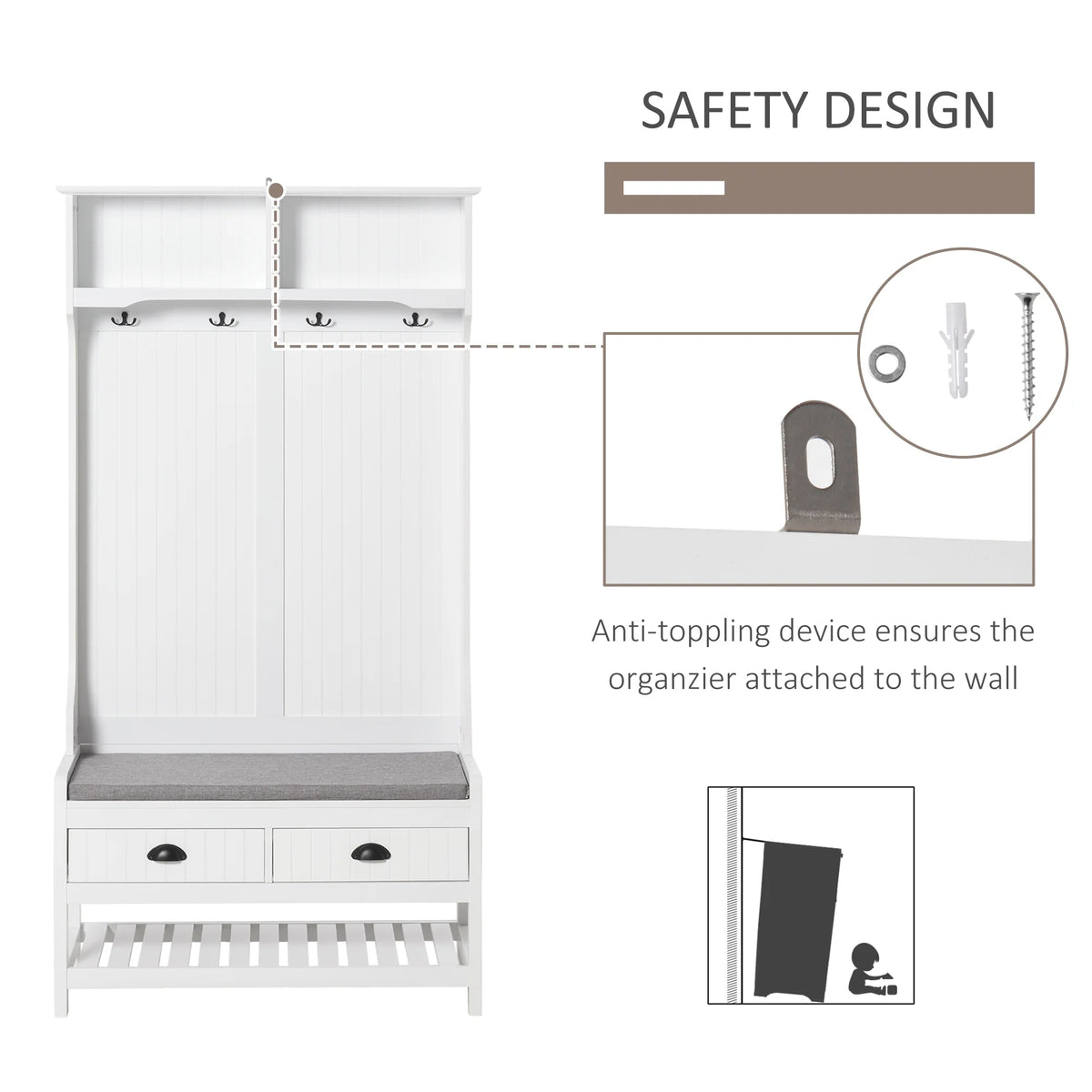 White Coat Rack and Bench with 4 Hooks, 2 Drawers H741