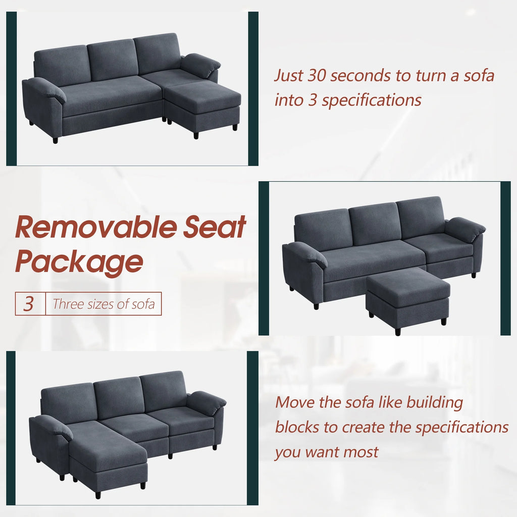 79 Convertible Sectional Sofa Linen Fabric L Shaped Sofa with Removable Pillows Dark Gray R5216