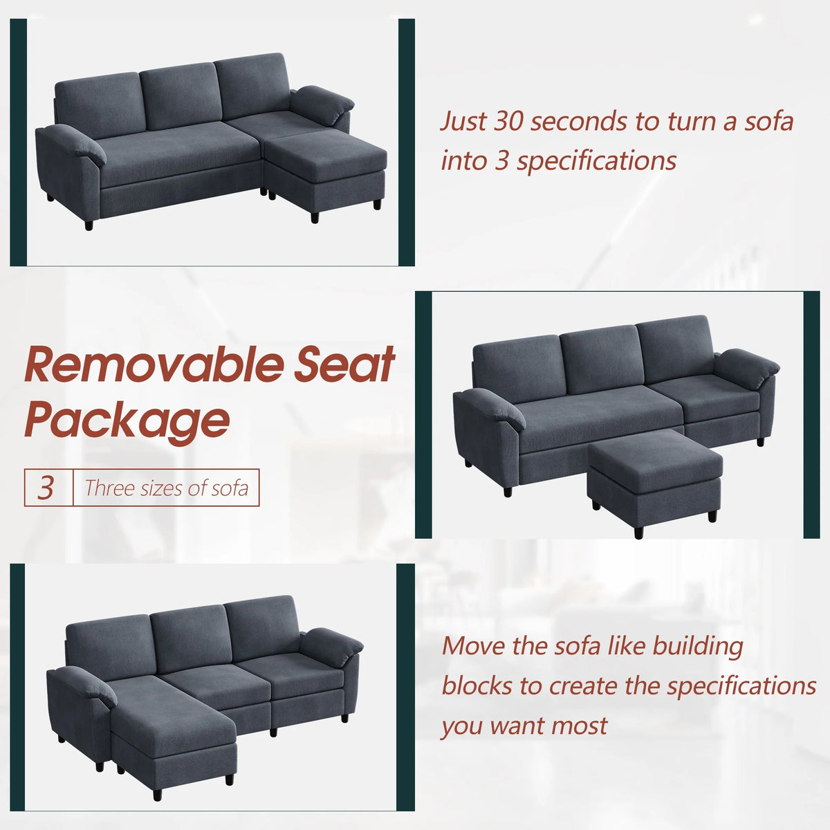 79 Convertible Sectional Sofa Linen Fabric L Shaped Sofa with Removable Pillows Dark Gray R5216