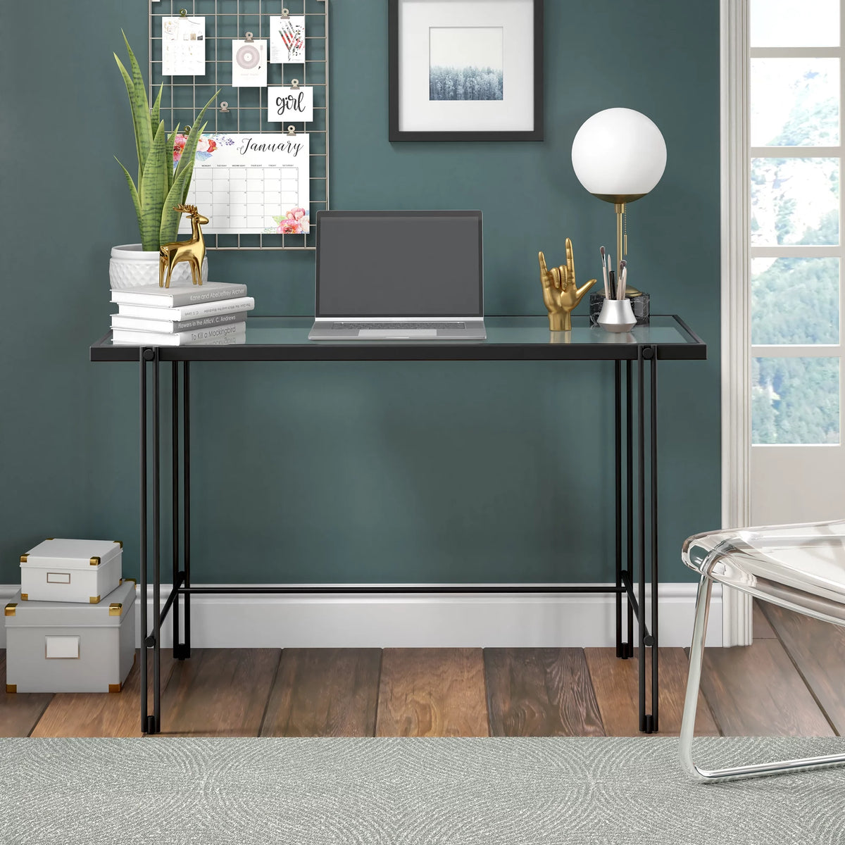 Blackened Bronze Metal Desk with Glass Top H49418