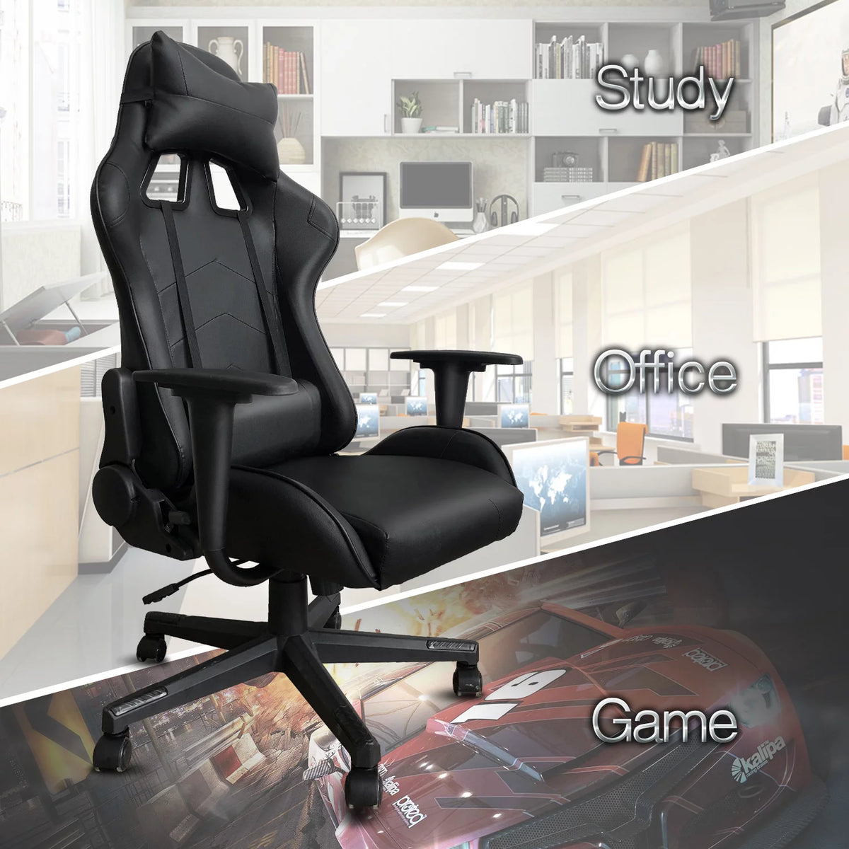 Black Ergonomic Reclining Gaming Chair with Lumbar Support W346