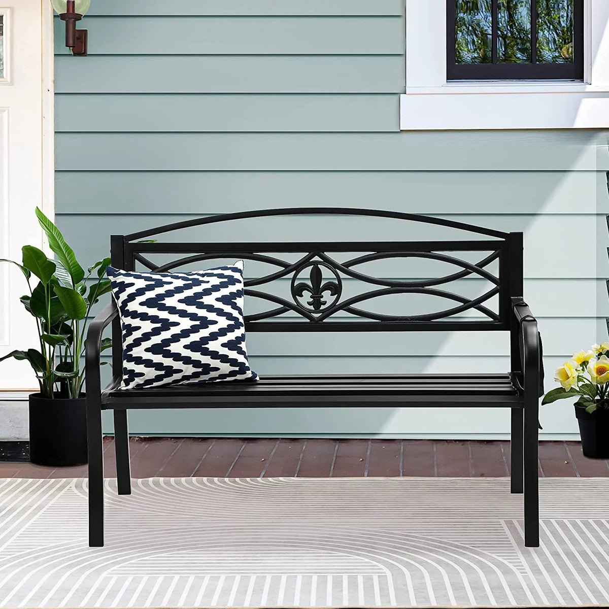 50" Black Metal Patio Bench with Backrest and Armrest S51658