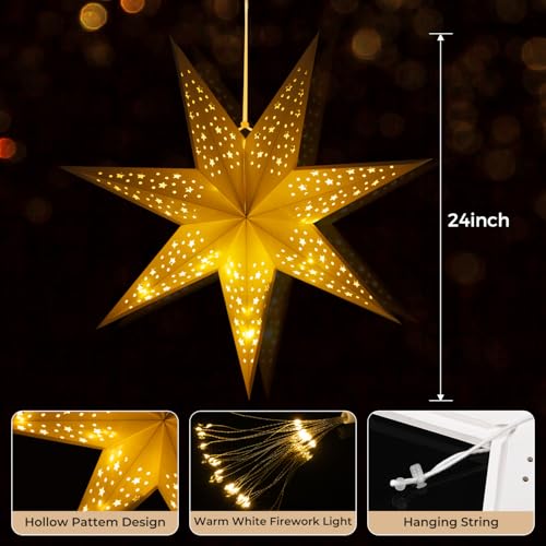 24 Inch Paper Star Lantern with 60 LEDs Firework Fairy Lights, 7 Point Foldable, Hollow Out Star Hanging Decoration - 1 Pack T79794